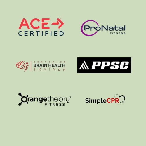 Certification logos: ACE, ProNatal, Brain Health Trainer, PPSC, Orangetheory, SimpleCPR